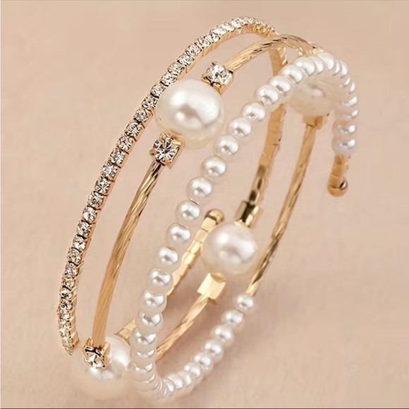 Gold Pearl & Rhinestone Bangle - Picture 2 of 3